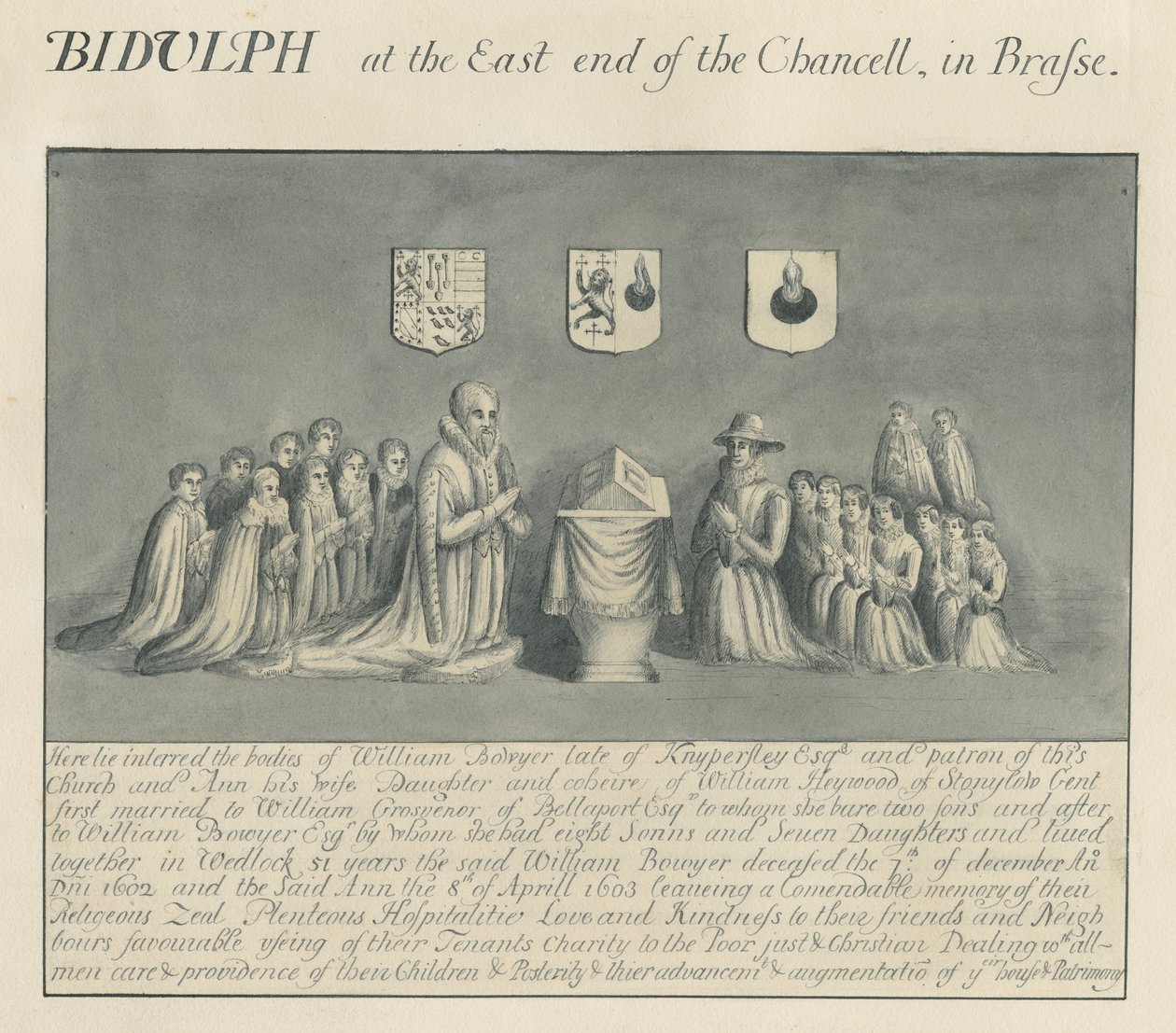 Messinkilevy Biddulphin kirkossa - William Bowyer Knipersleystä : kynä- ja pesupiirustus, nd [?19. vuosisadalla] (piirustus) tekijältä John Robert Fernyhough