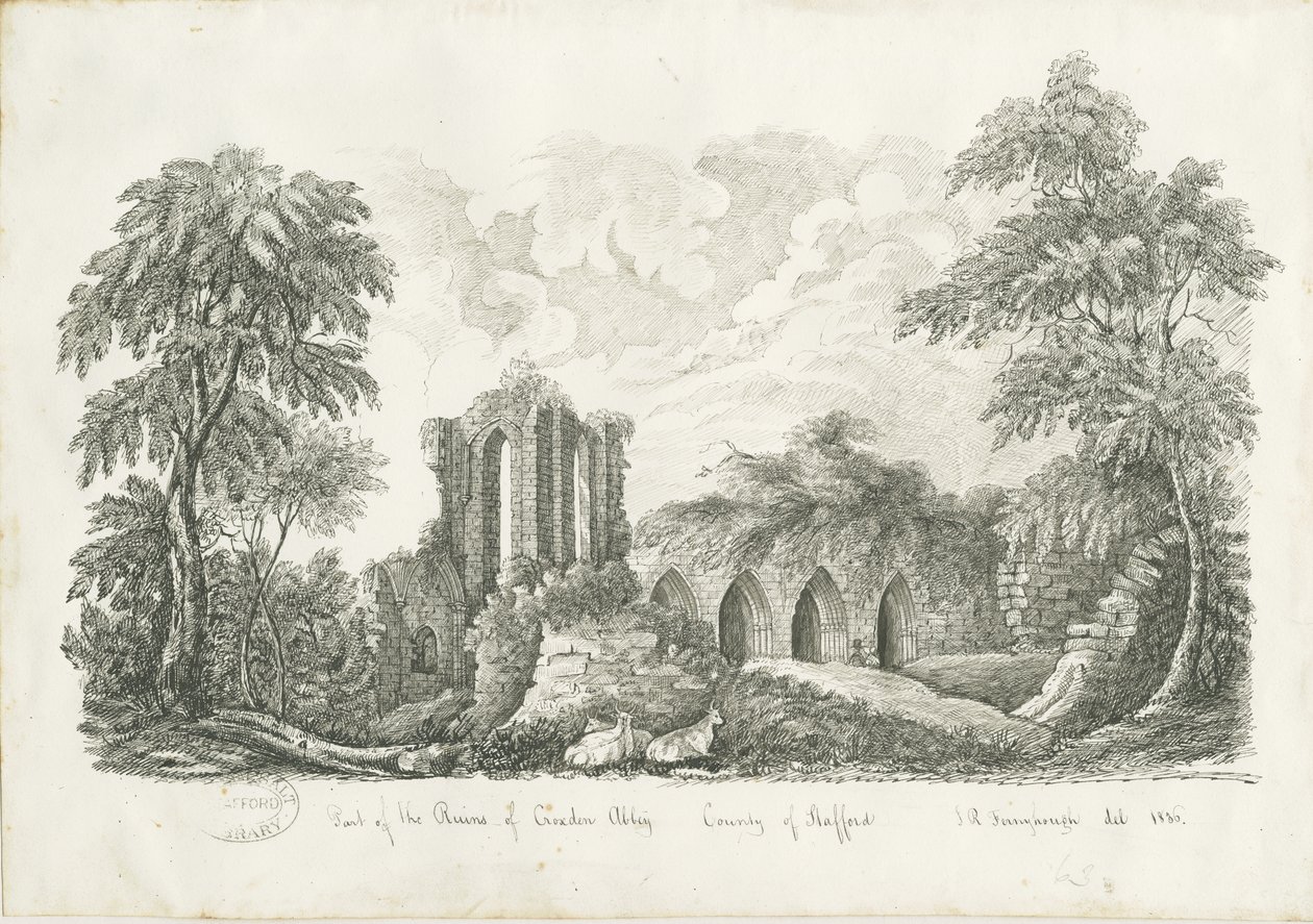 Croxden Abbey: kynä- ja mustepiirustus tekijältä John Robert Fernyhough