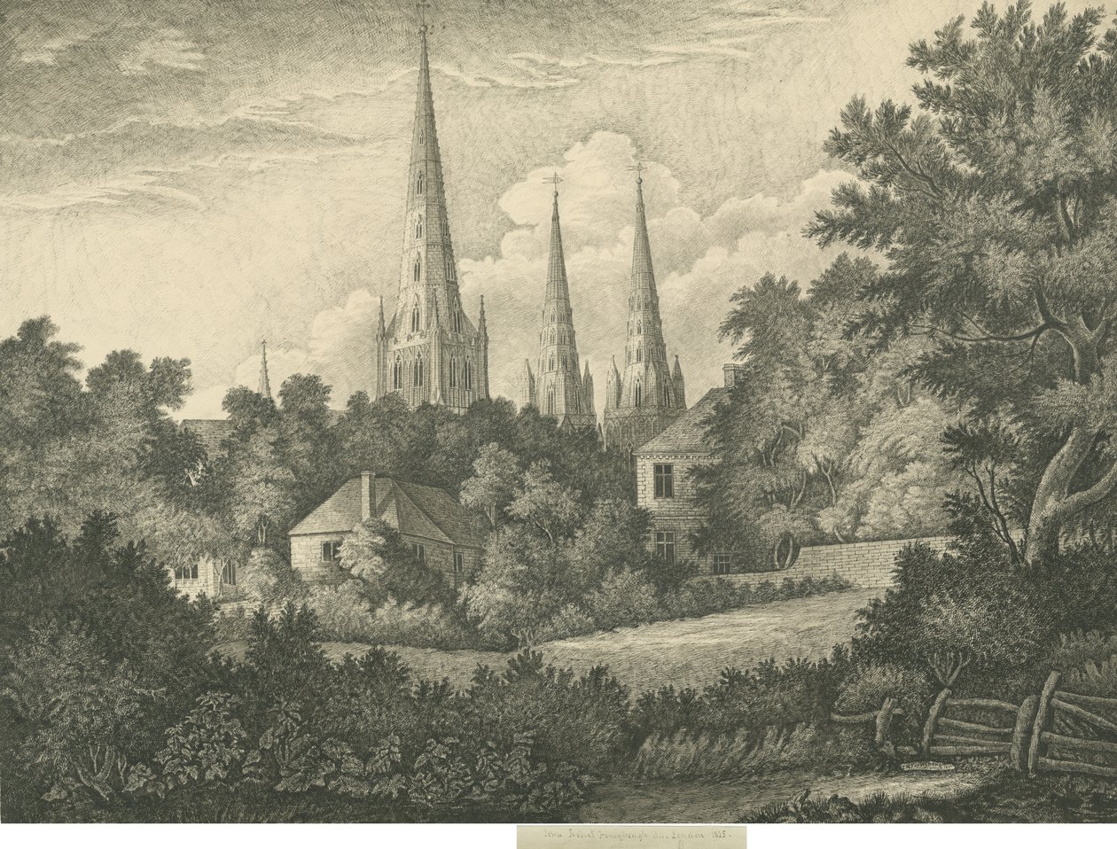 Lichfield Cathedral - North East View: kynä- ja mustepiirustus, 1835 tekijältä John Robert Fernyhough