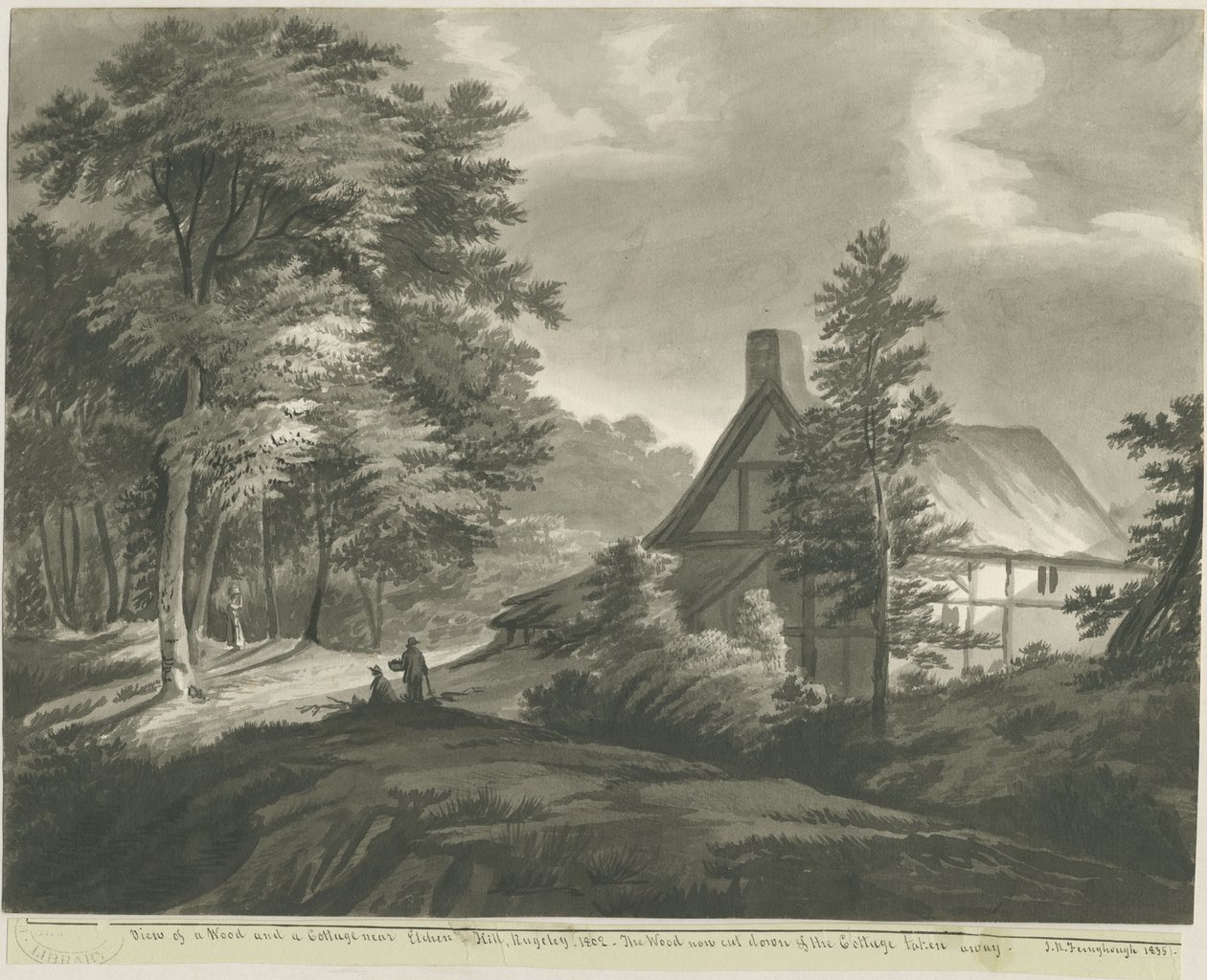 Rugeley - Mökki lähellä Etchinghilliä: tumma seepiapesu, 1835 tekijältä John Robert Fernyhough