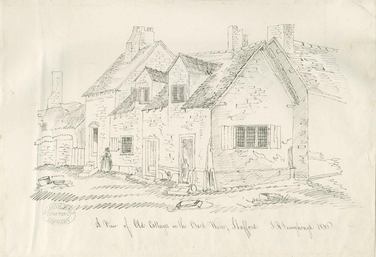 Stafford - Old Cottage in Back Walls: kynä- ja mustepiirustus, 1836 tekijältä John Robert Fernyhough