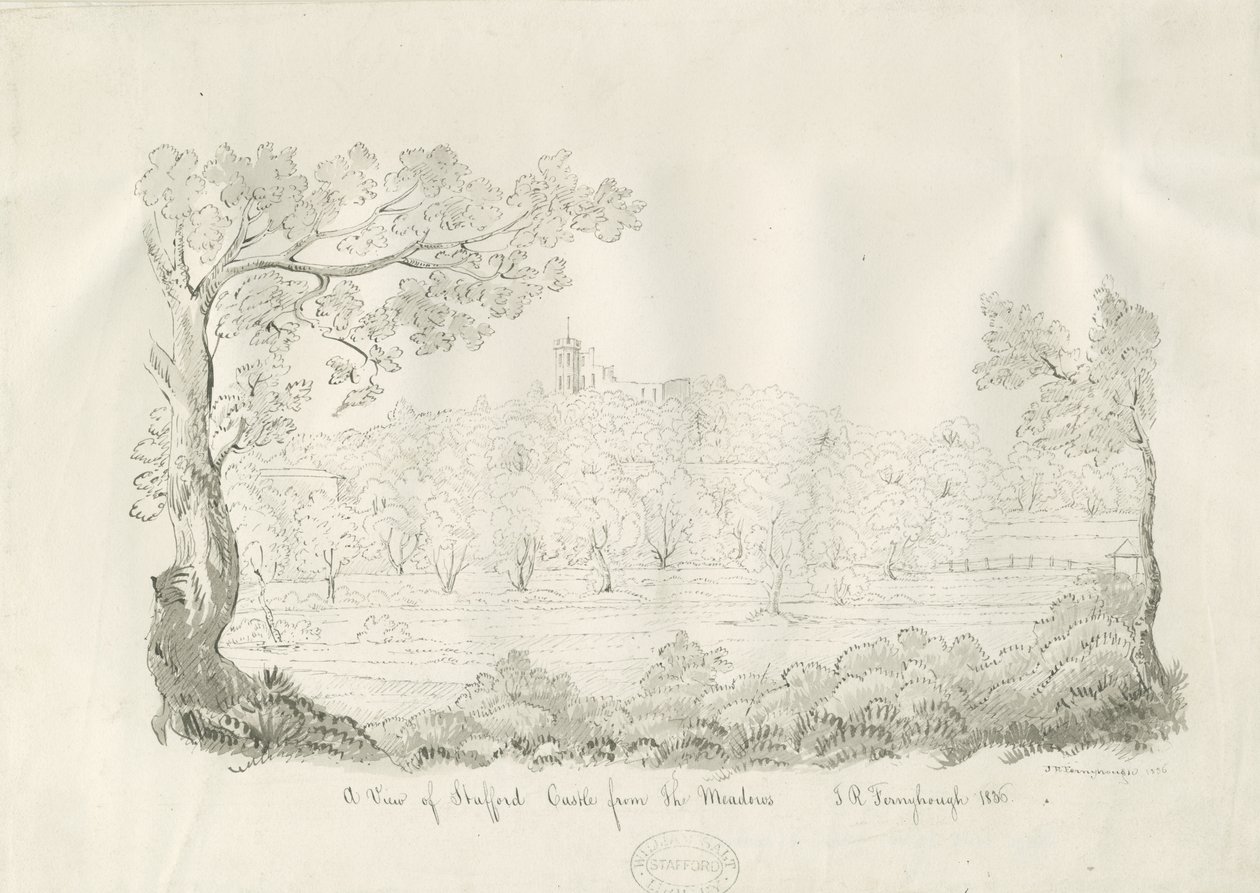 Stafford Castle - East View: kynä- ja seepiapiirustus tekijältä John Robert Fernyhough