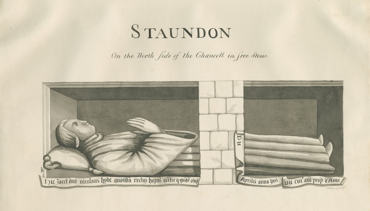Standonin kirkko - Nicholas Hyden seinähauta: seepiapiirros, nd [1800-luku] tekijältä John Robert Fernyhough