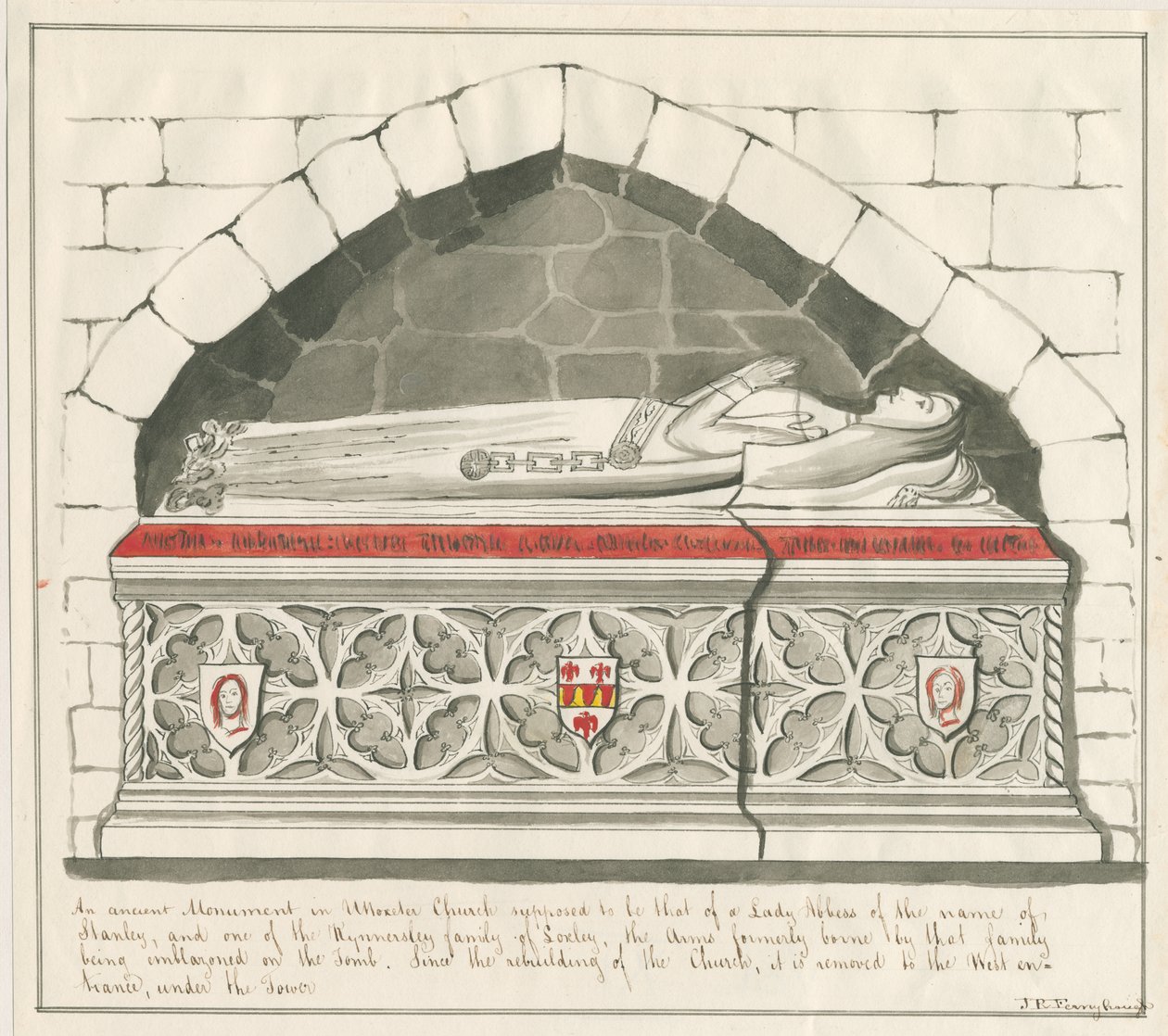 Uttoxeter Church - Kynnersleyn Lady Abbessin hauta: kynä- ja pesupiirustus, nd [1800-luvun puoliväli] tekijältä John Robert Fernyhough