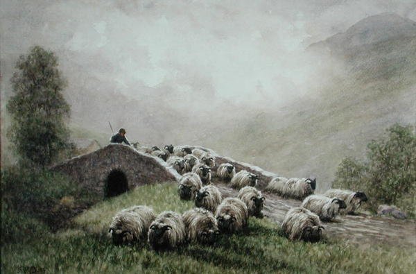 Highland Bridge paimen ja lauma (akvarelli paperille) tekijältä John Robert Keitley Duff