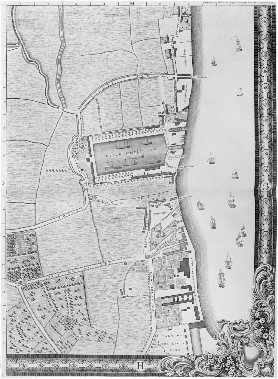 Kartta Lower Rotherhithe Docksista, Lontoo, 1746 (kaiverrus) tekijältä John Rocque