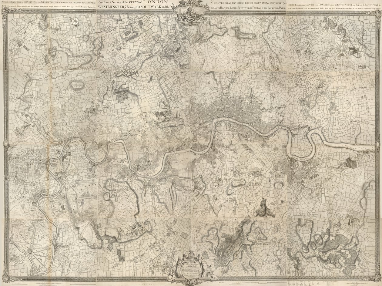 Lontoon kartta 1700-luvulta. Tarkka tutkimus Lontoon kaupungista, Westminster ye Borough of Southwarkista ja maasta noin 10 mailin etäisyydellä alkoi vuonna 1741 ja päättyi vuonna 1745 / John Rocquen maanmittaaja & (kaiverrettu) Richard Parr. tekijältä John Rocque