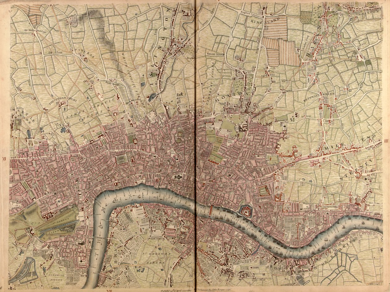 "Tarkka kartoitus Lontoon ja Westminsterin kaupungeista, Southwarkin kaupunginosasta ja lähes kymmenen mailin säteellä olevasta maasta", noin 1746 (kaiverrus). tekijältä John Rocque
