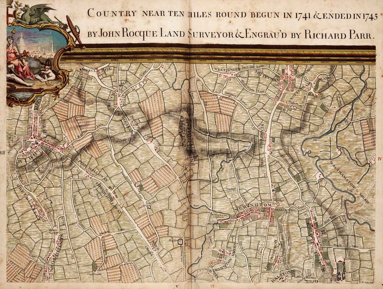 Highgaten, Kentish Townin, Hollowayn, Tottenhamin ja Newingtonin kartat. tekijältä John Rocque