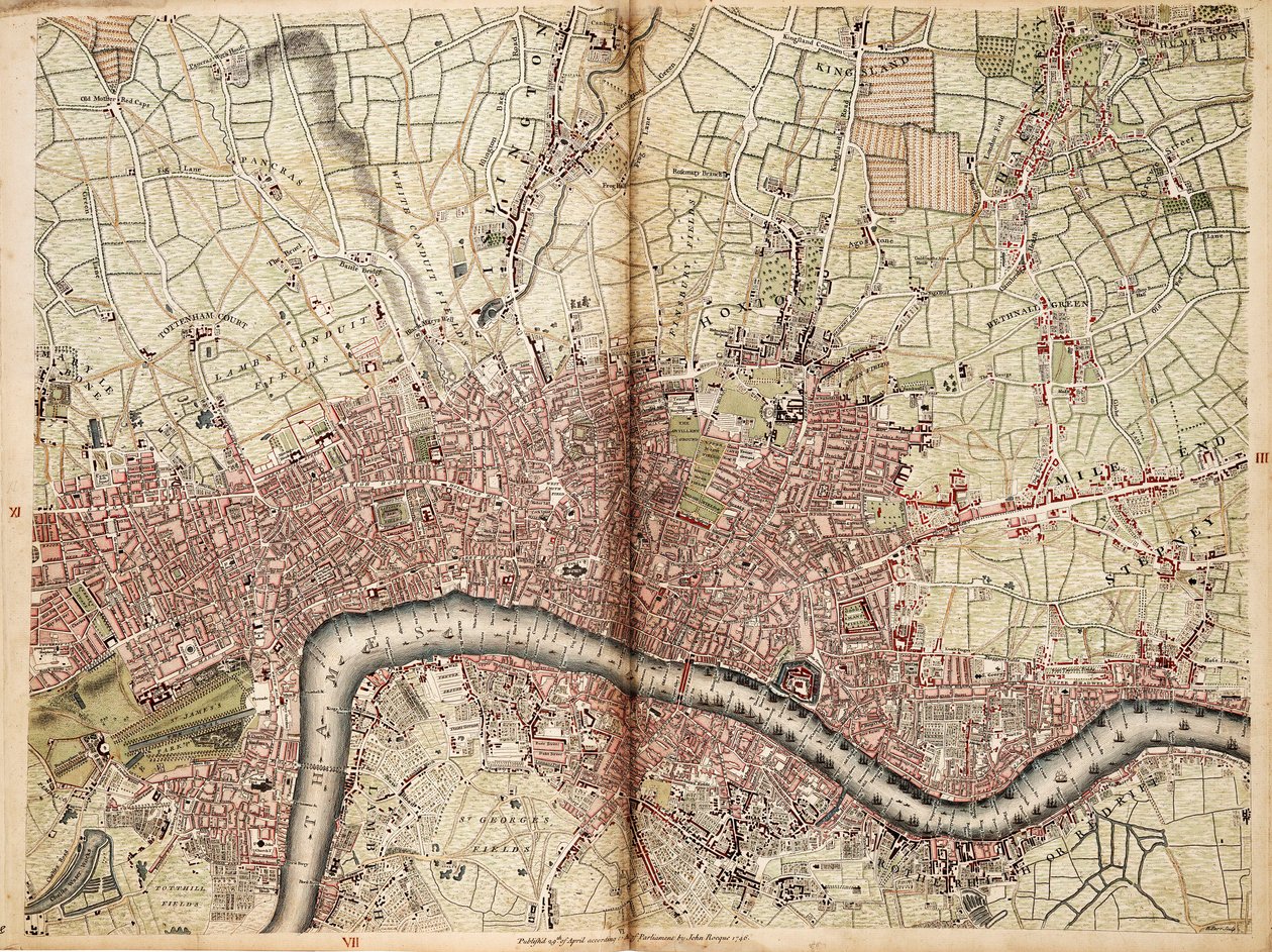 Islingtonin, Westminsterin, Cityn ja Southwarkin kartta tekijältä John Rocque