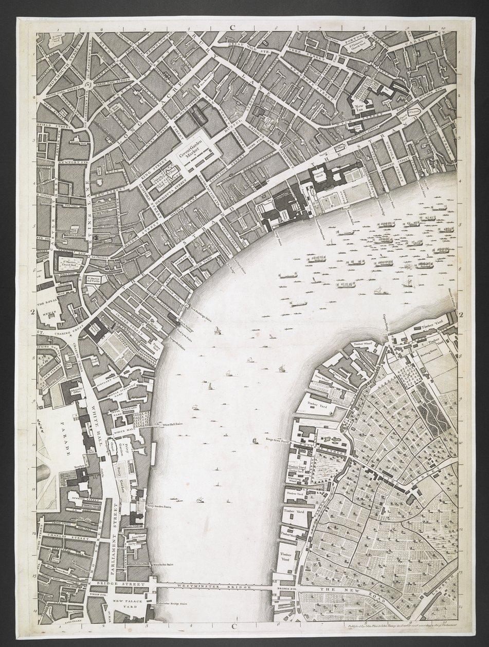 Lontoon suunnitelma, Strand, Westminster-silta,  Suunnitelma Lontoon ja Westminsterin kaupungeista sekä Southwarkin kaupunginosasta; : vierekkäisten rakennusten kanssa; Varsinaisesta tutkimuksesta, / ottanut JOHN ROCQUE, maanmittaus, ja kaivertanut John Pi tekijältä John Rocque