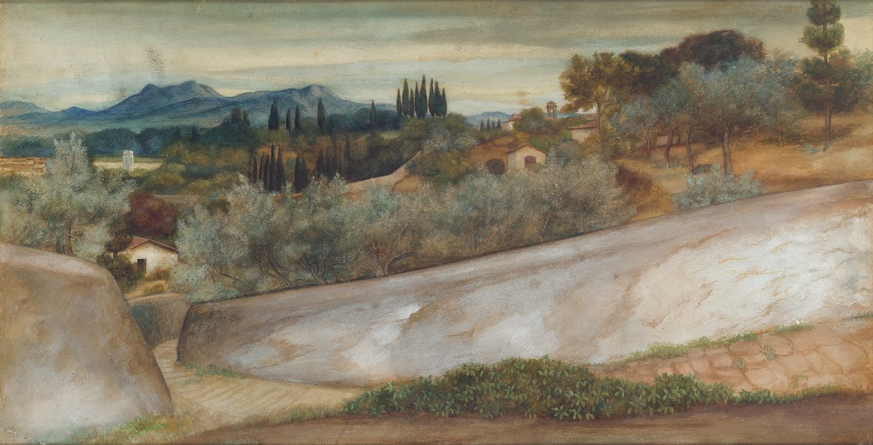 Toscanan maisema kylän ja oliivitarhan kera tekijältä John Roddam Spencer Stanhope