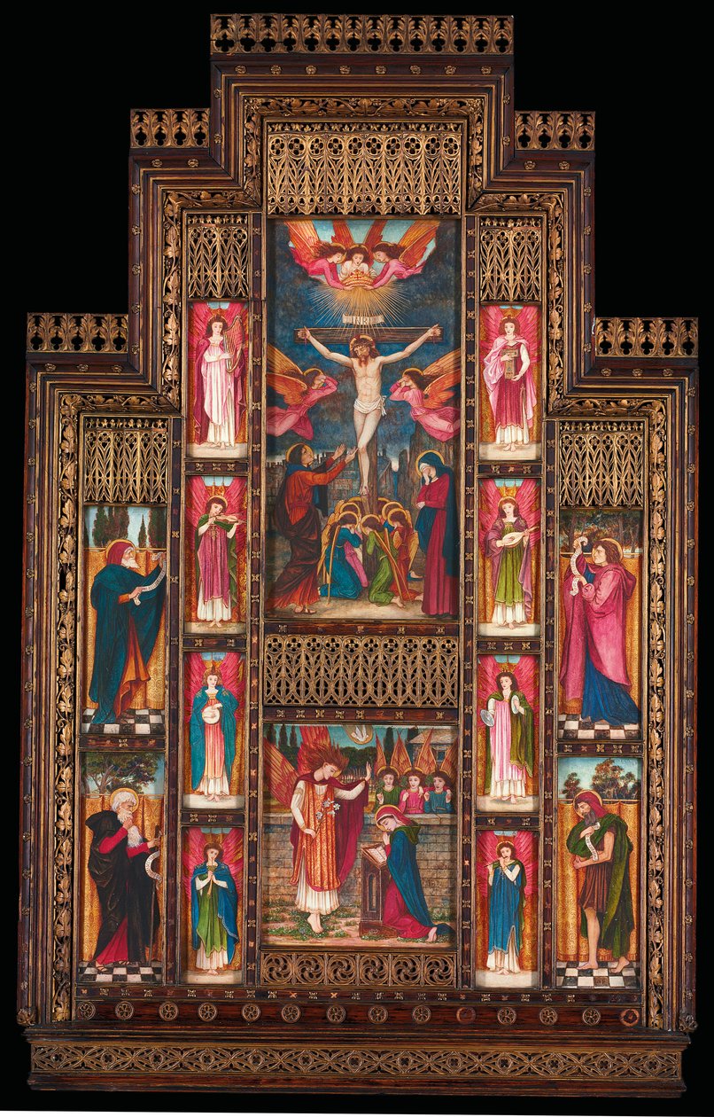 Suunnittelu Firenzen Pyhän Kolminaisuuden kirkon reredoihin goottilaisessa herätyskehyksessä Firenzen Berninistä tekijältä John Roddam Spencer Stanhope