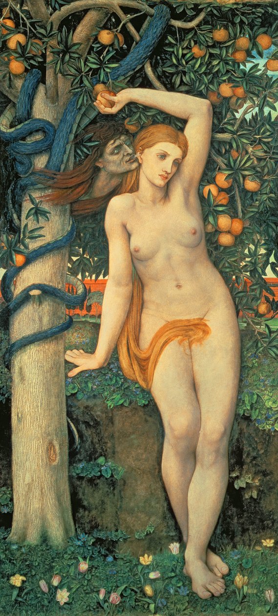 Eve Tempted, n. 1877 (tempera paneelissa) tekijältä John Roddam Spencer Stanhope