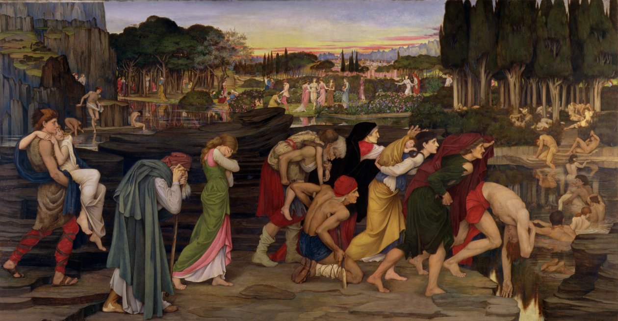 Lethen vedet Elysiumin tasangoilla, n. 1880 (tempera- ja kultamaali kankaalle) tekijältä John Roddam Spencer Stanhope