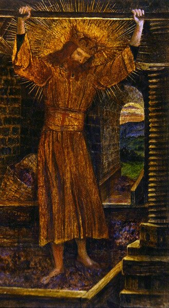 Viinipuristin, noin 1860 (vesiväri, guassi ja kultamaali paperille). tekijältä John Roddam Spencer Stanhope