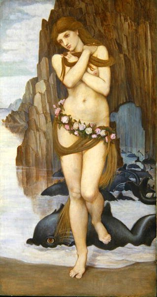 Merestä nouseva Venus, 1870-luvun alku (tempera ja kulta paneelissa) tekijältä John Roddam Spencer Stanhope