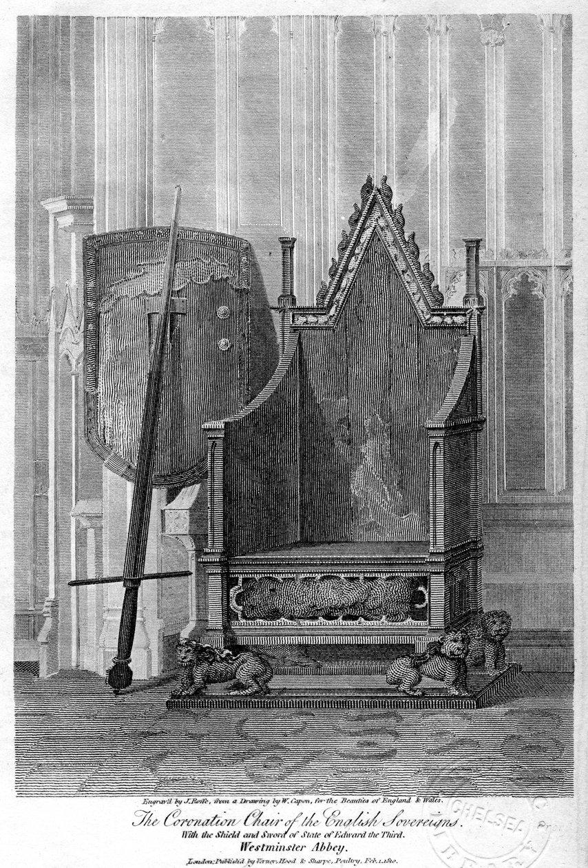 Englannin suvereenien kruunuistuoli, Westminster Abbey, Lontoo, 1810. tekijältä John Roffe