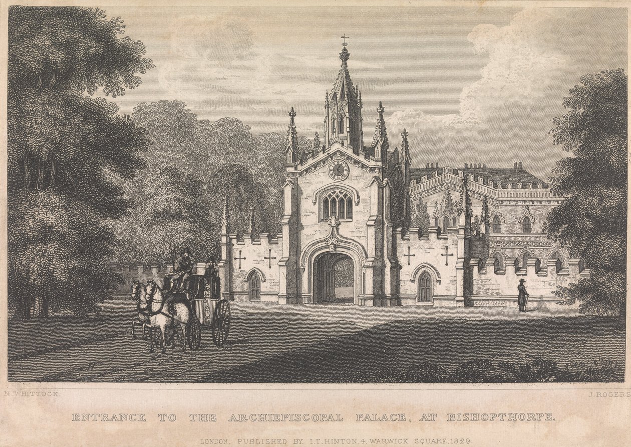 Entrada no Palácio Arquiepiscopal, em Bishopthorpe (publicado por I. T. Hinton); página 34 (Volume Um)finlandês tekijältä John Rogers
