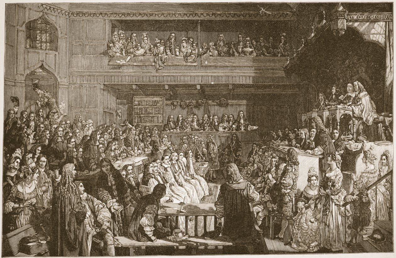 The Acquittal of the Seven Bishops, 1688, kuvitus teoksesta "The Church of England: A History for the People", kirjoittanut H.D.M. Spence-Jones, pubi. n. 1910 (seepiavalokuva) tekijältä John Rogers Herbert