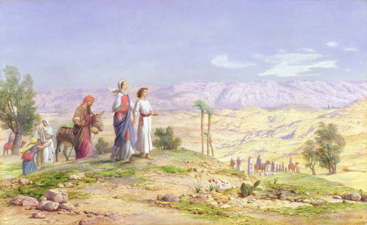 Pyhä perhe lähestyy Jerusalemia Nasaretista, 1878 (öljy kynällä aluksella) tekijältä John Rogers Herbert