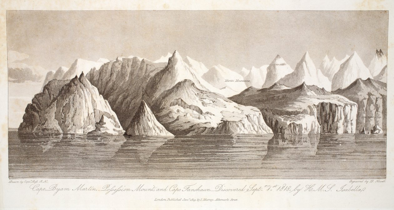 Cape Byam Martin, Pofsefsion Mount ja Cape Fanshawe, jonka HMS Isabella löysi 1. syyskuuta 1818, esimerkki teoksesta "A Voyage of Discovery...", 1819 tekijältä John Ross