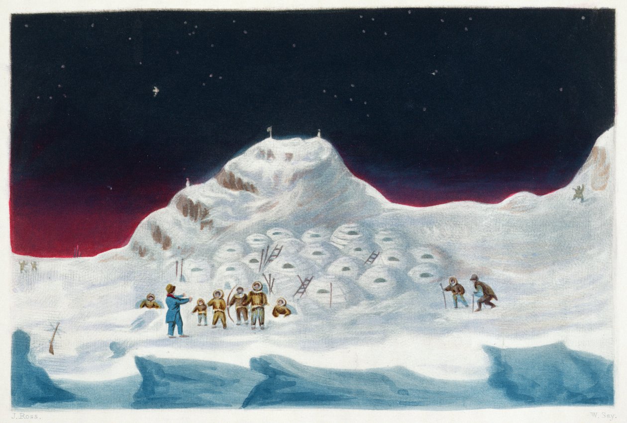 North Hendon, Snow Cottages of the Boothians, kirjasta "Kertomus toisesta matkasta luoteisväylää etsimään (1829-33)", Sir John Ross (1777-1836), kaiverrus William Say (1768-1834) tekijältä John Ross