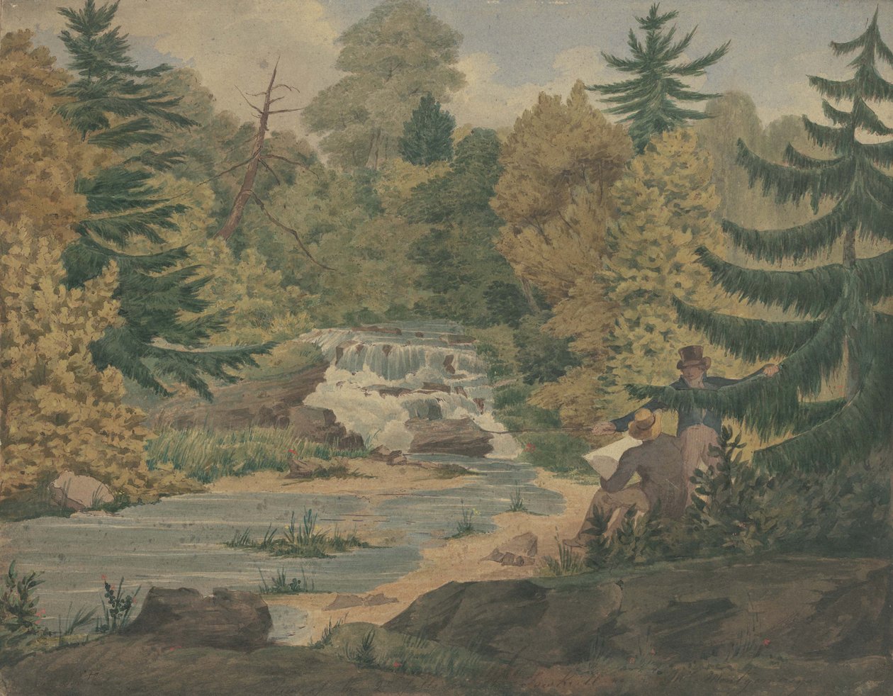 Näkymä Sawkill-joen toisesta putouksesta, noin 1840 (akvarelli ja tussi vellapaperille). tekijältä John Rubens Smith