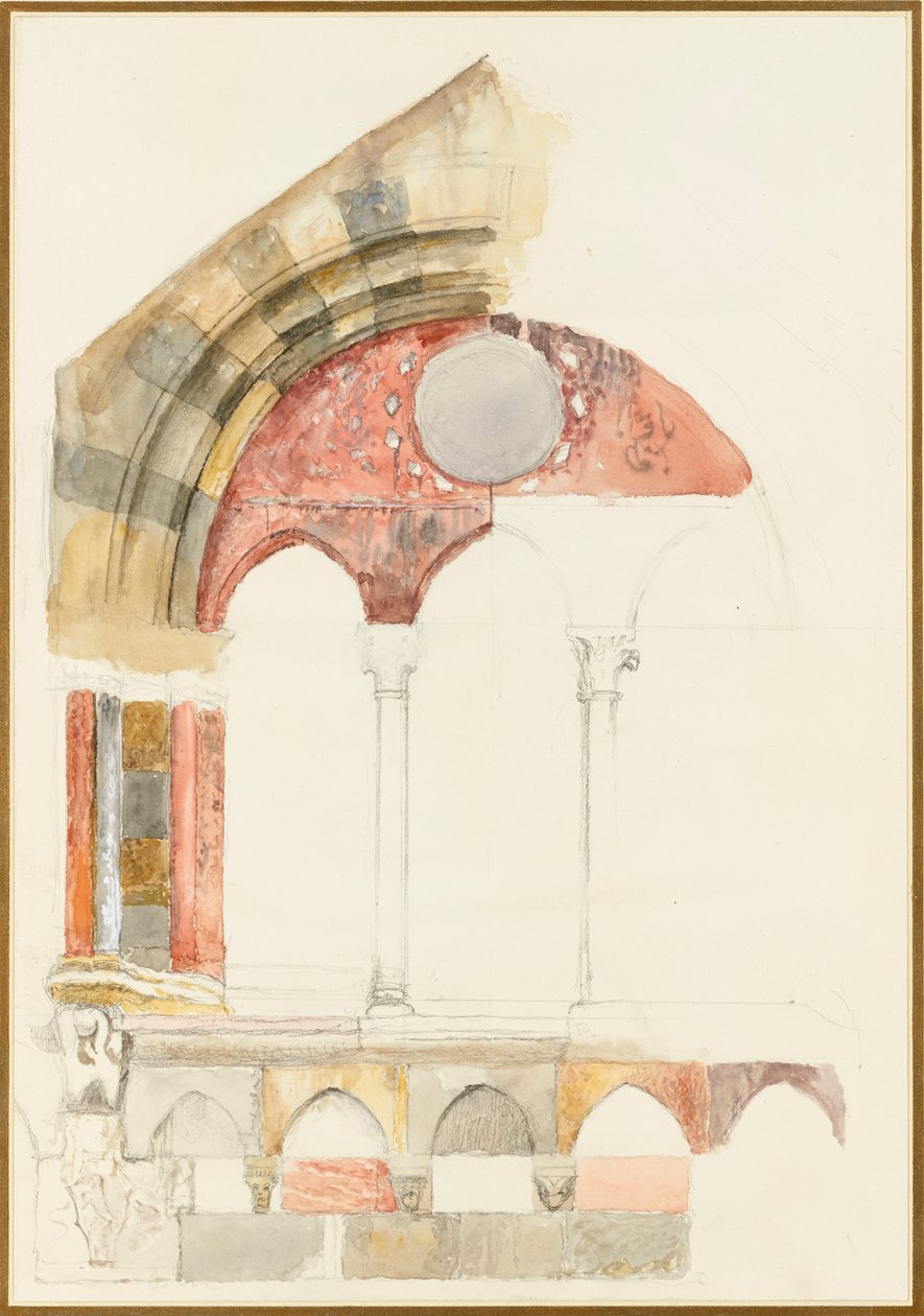 A Window of the Broletto, Como: nopea värillinen luonnos, joka näyttää marmorien upotusmenetelmän, 1869 tekijältä John Ruskin