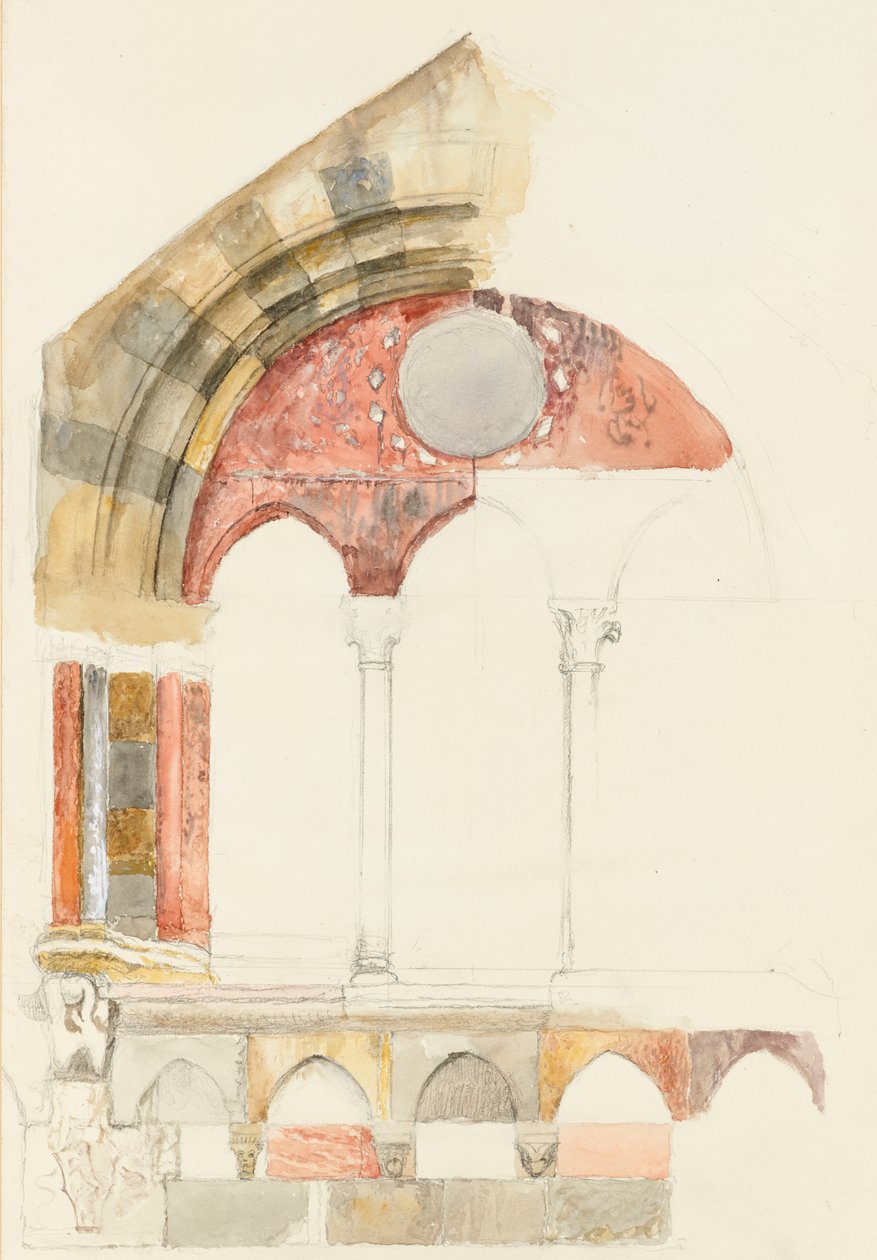 A Window of the Broletto, Como: nopea värillinen luonnos, joka näyttää marmorien upotusmenetelmän, elokuu 1869? (akvarelli ja vartaloväri grafiitin päällä kudottupaperille) tekijältä John Ruskin