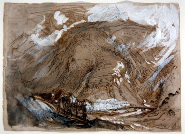 Alpine Valley, n. 1854 (kynä, muste ja akvarelli korostettu valkoisella paperille) tekijältä John Ruskin