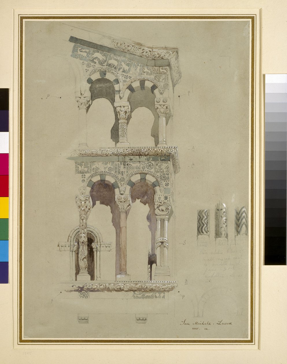 Yksityiskohta San Michele in Foron julkisivusta, Lucca, 1845 wc paperille. tekijältä John Ruskin