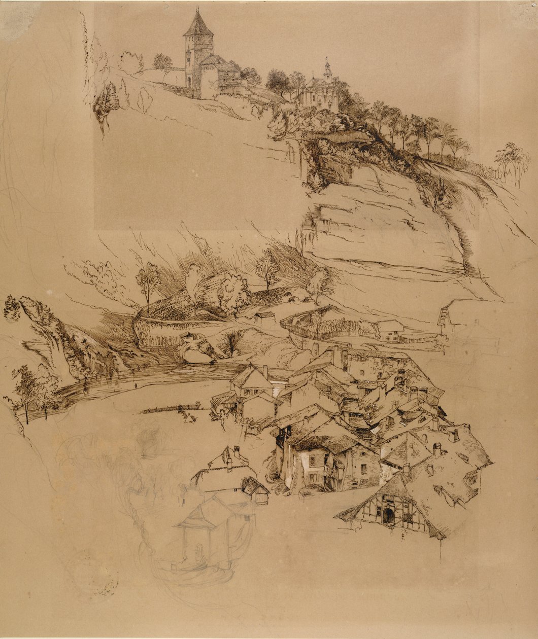 Fribourg, Sveitsi: Kynäluonnos, heinä tai elo-syyskuu 1856 tekijältä John Ruskin