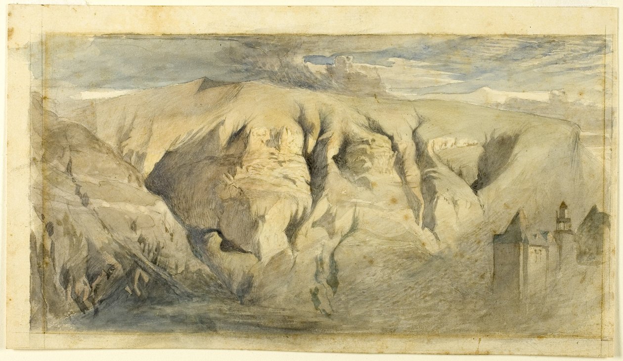 Mont Saleve, n.1840 (akvarelli grafiitin ja grafiitin päälle kermanväriselle paperiarkille, levitetty kermanväriselle paperiarkille). tekijältä John Ruskin