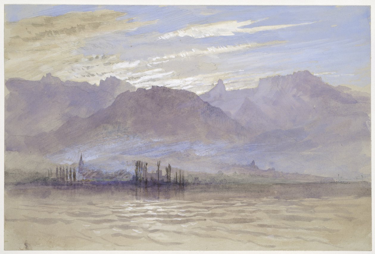 Kevätaamu, koillistuulella, Veveyssä, touko-kesäkuussa 1849 tai 1. toukokuuta 1869 (akvarelli ja vartaloväri grafiitin päällä vaaleanharmaalla kudottupaperilla) tekijältä John Ruskin