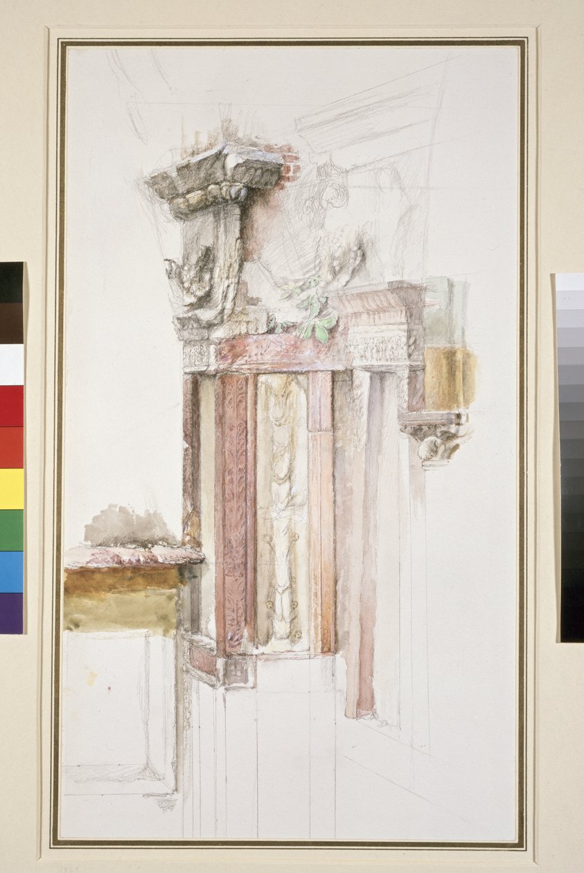 Pilasteri Sant Anastasian julkisivussa, Verona, kesäkuu 1869 (wc ja vartaloväri grafiitin päällä paperilla, jotkin viivat viivattuja) tekijältä John Ruskin