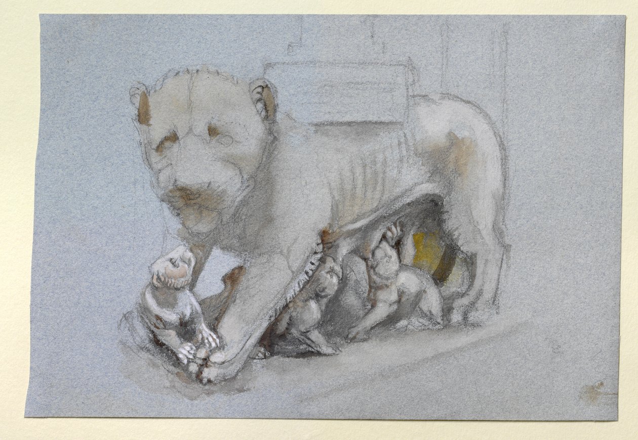 Luonnos leijonasta ja pennuista Nicola Pisanon Sienan saarnatuolista, kesäkuu 1870 (akvarelli ja vartaloväri grafiitin päällä siniharmaalla kudottupaperilla) tekijältä John Ruskin
