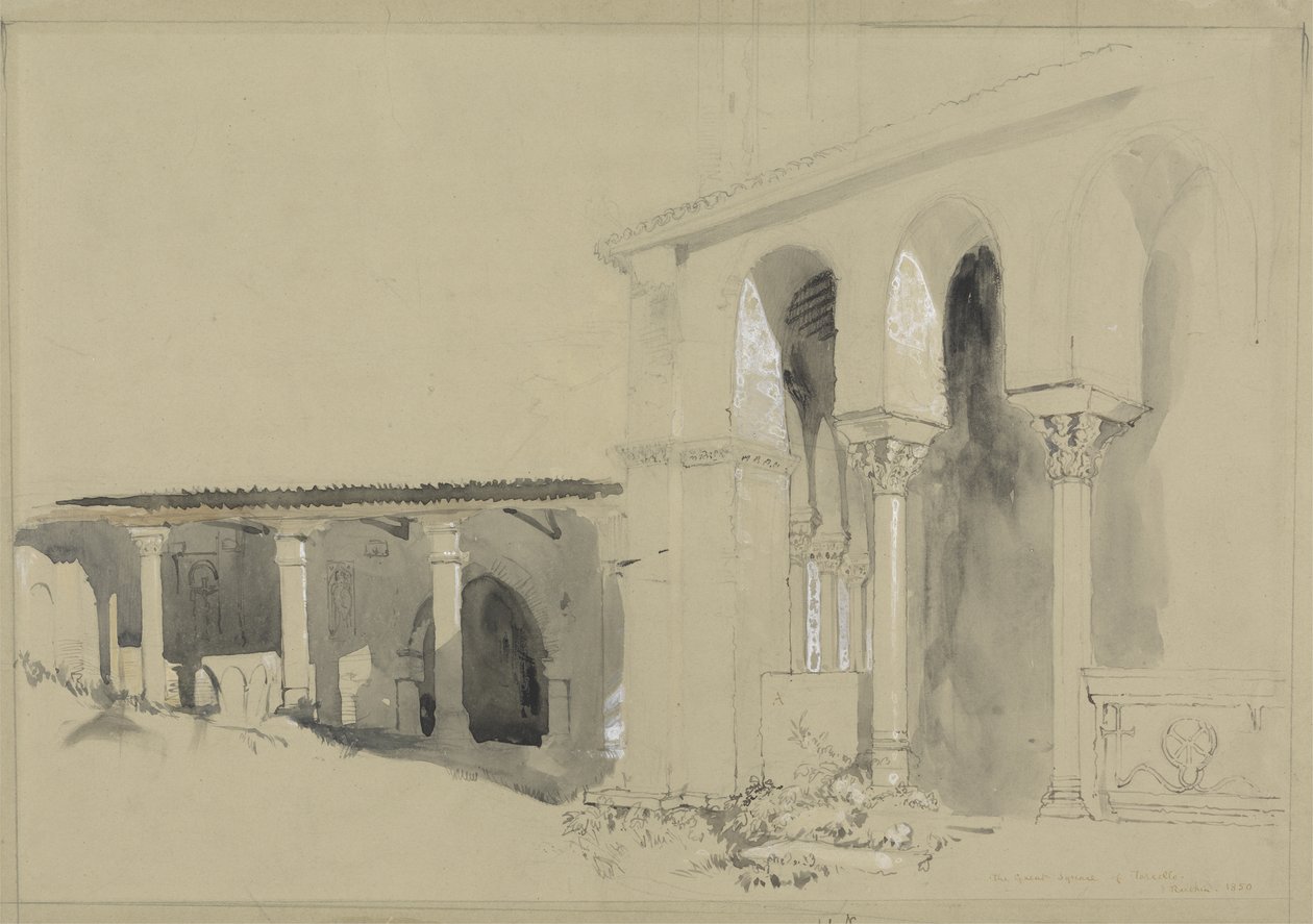 Torcellon suuri aukio, 1850 (kynä, muste ja pesu grafiitilla guassilla ruskealla kudospaperilla) tekijältä John Ruskin