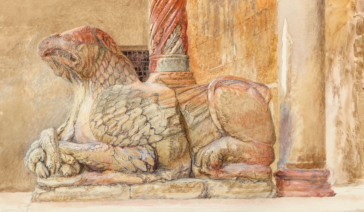 Gryphon, jossa on Veronan tuomiokirkon läntisen sisäänkäynnin pohjoisakseli tekijältä John Ruskin