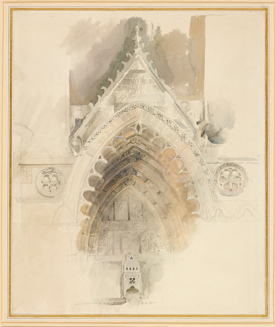 Amiensin katedraalin läntisen sisäänkäynnin pohjoinen kaari, 17.-18.5. tai 23.9.1856. tekijältä John Ruskin
