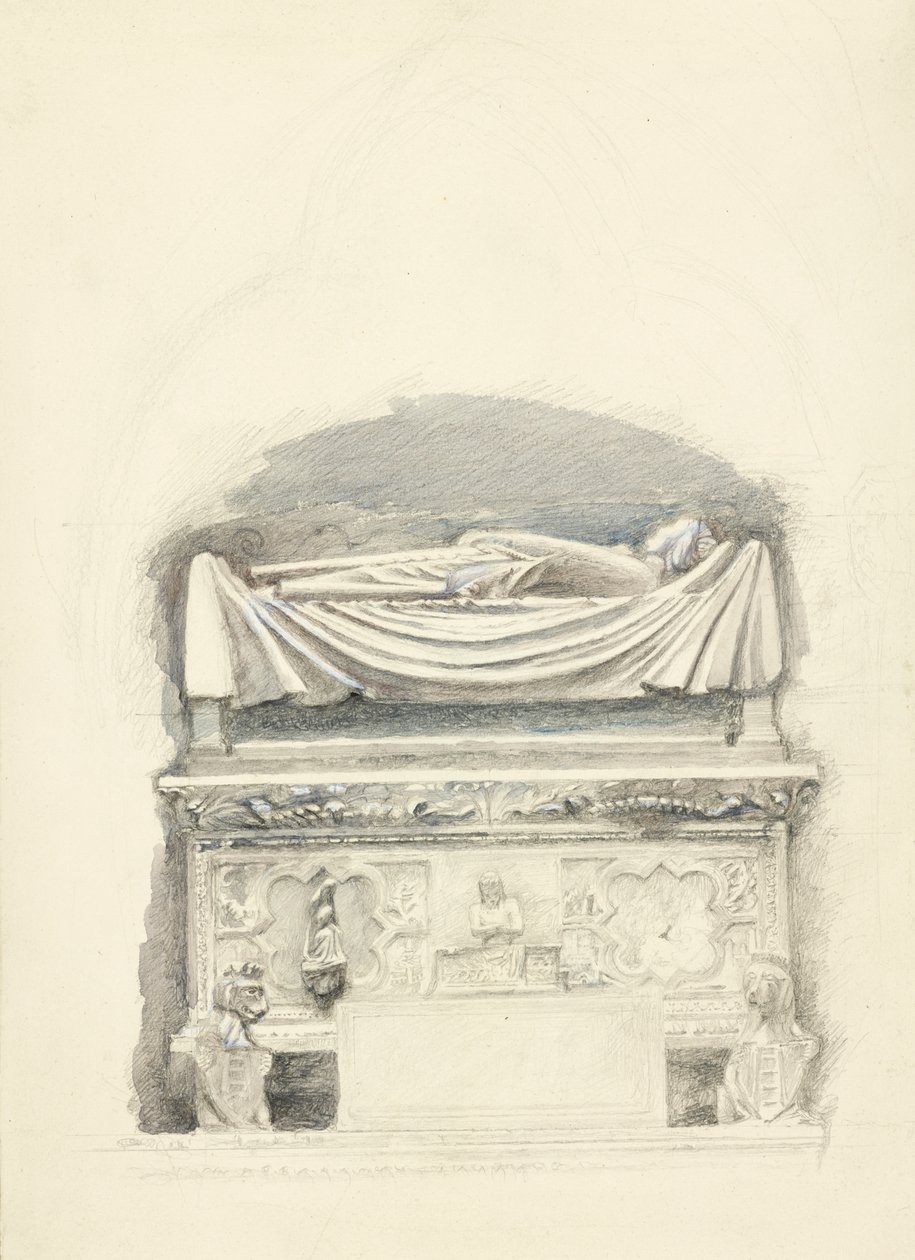 Sarkofagi ja Cangrande I della Scalan haudan kuva, Verona, 21.5.-1.7.1869 (grafiitti, akvarelli ja vartaloväri kudottupaperille) tekijältä John Ruskin