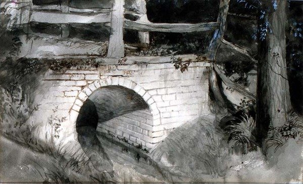 Pieni tiilisilta (muste pesulla paperille) tekijältä John Ruskin