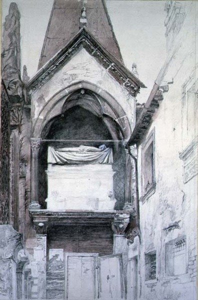 Cangrande I:n hauta, Santa Maria Antica, Verona (kynä & akvarelli paperille) tekijältä John Ruskin