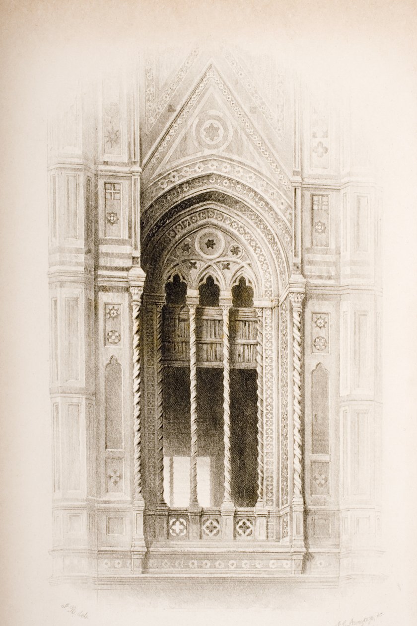 Leikkaus Campanile of Giottosta, Firenzestä, John Ruskinin teoksesta "Arkkitehtuurin seitsemän lamppua", kaiverrettu James Charles Armytage (n. 1820-97), julkaistu 1894 (kaiverrus) tekijältä John Ruskin