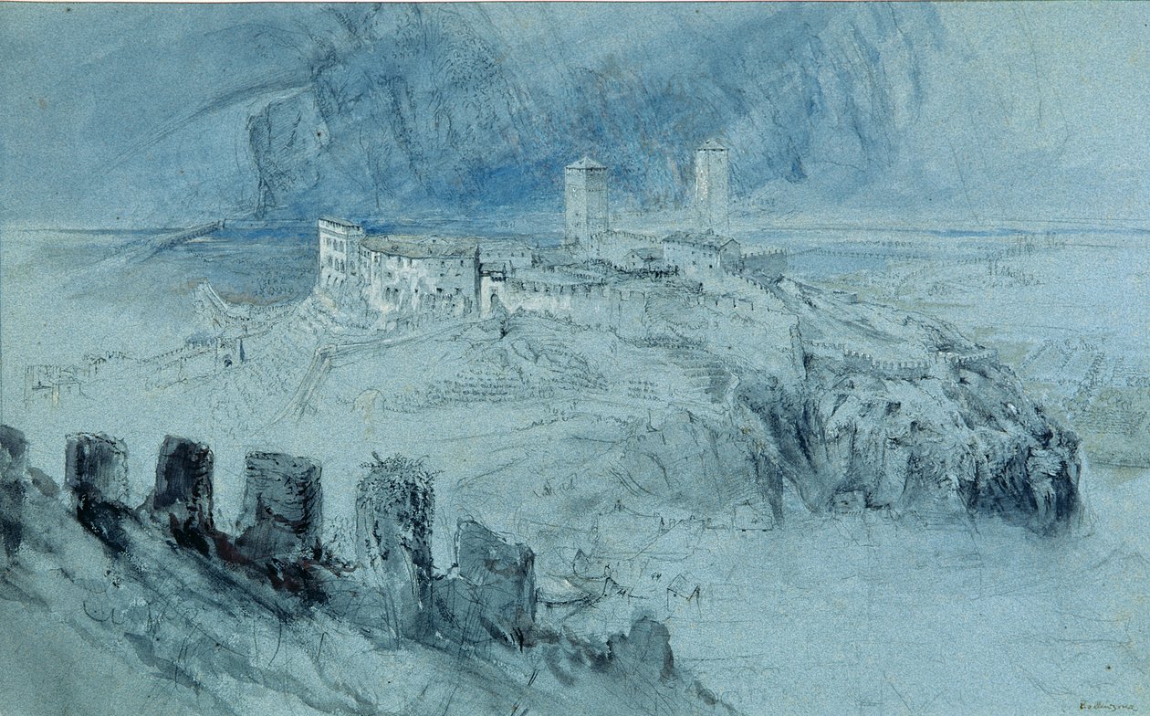Näkymä Bellinzonaan (hiili- ja wc-pesu paperilla) tekijältä John Ruskin