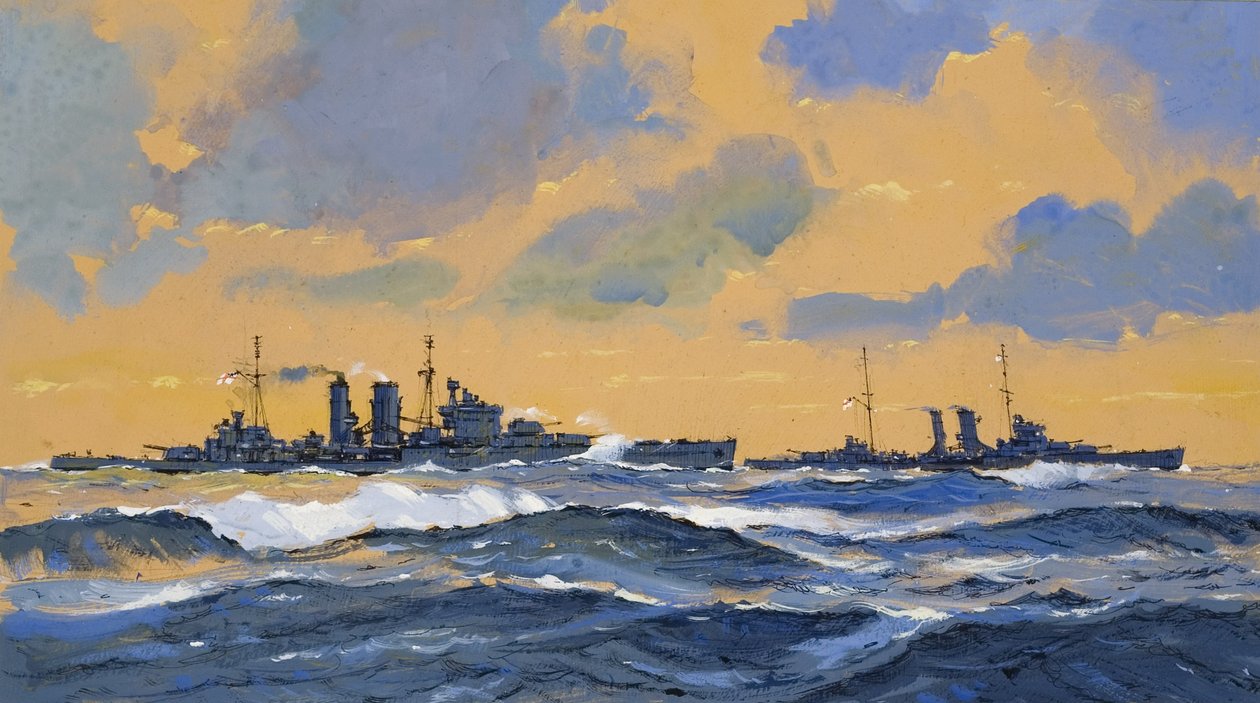 Brittiläiset risteilijät HMS Exeter ja HMS York (guassi paperille). tekijältä John S. Smith