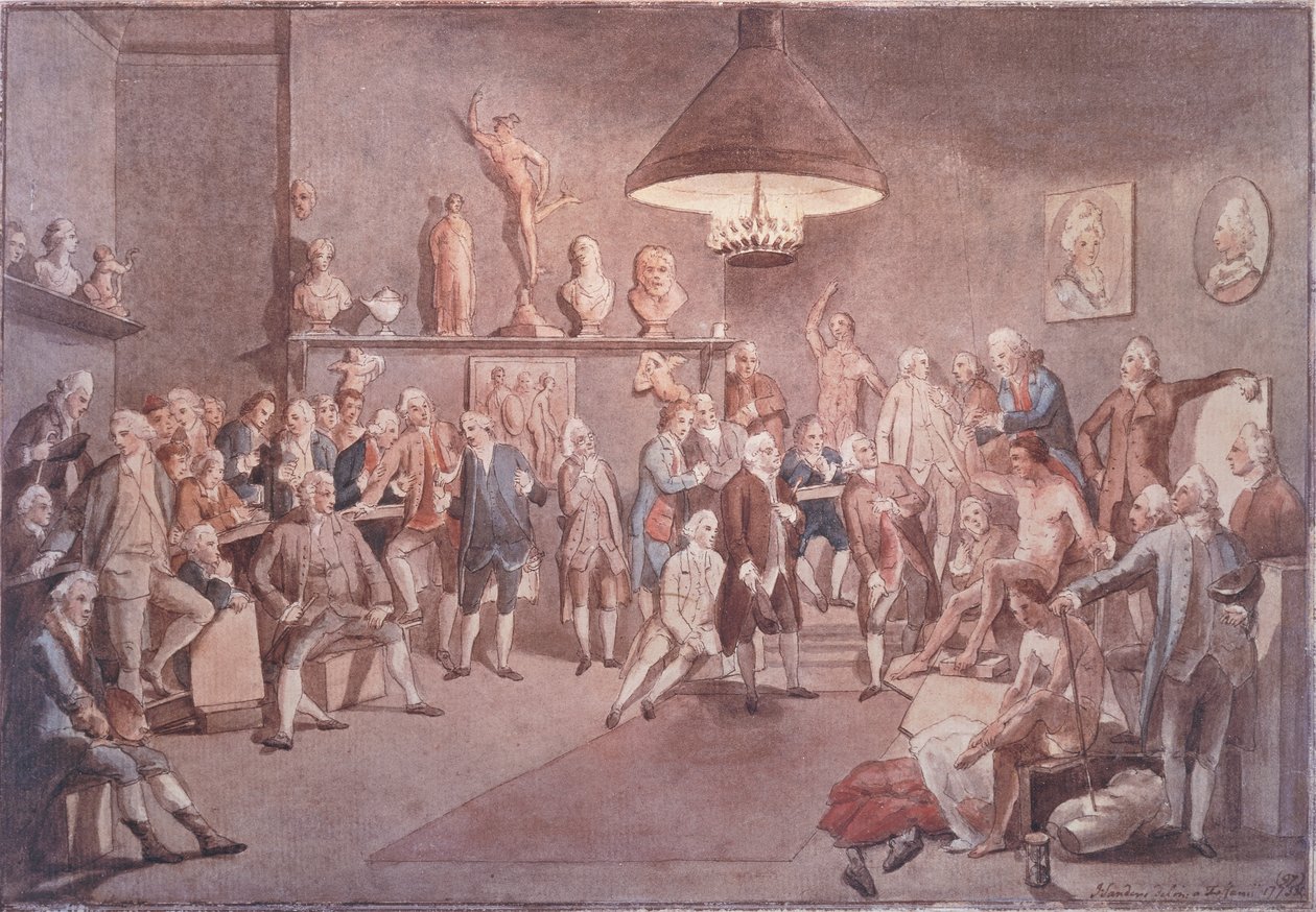Lontoon kuninkaallisen akatemian akateemikot, kopio Johann Zoffanyn (1733-1810) maalauksen jälkeen tekijältä John Sanders