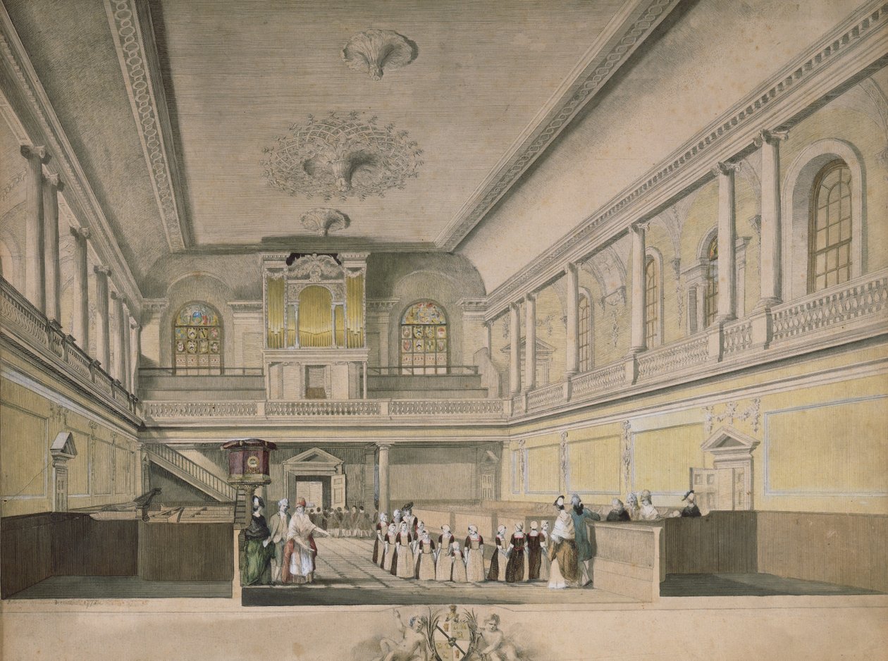 Foundling Hospitalin kappeli länteen päin, 1773 tekijältä John Sanders