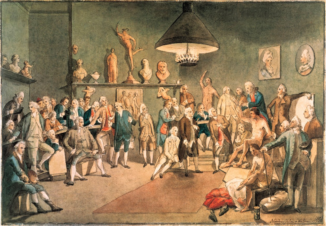 Lontoon kuninkaallisen akatemian akateemikot, kopio Johann Zoffanyn (1733-1810) maalauksen jälkeen tekijältä John Sanders