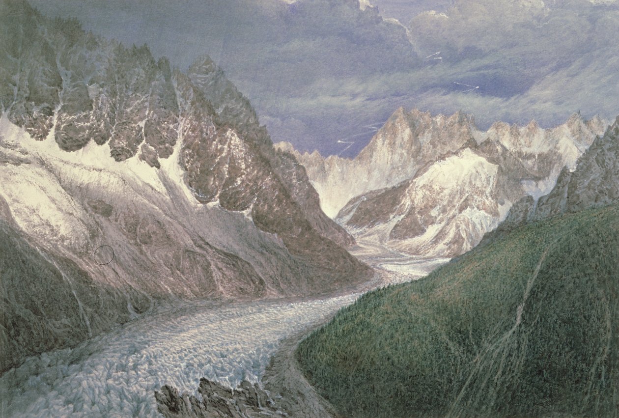 Näkymä Mer de Glacelle, jossa Aiguille du Moine vasemmalla ja Grandes Jorasses etäisyydellä oikealla, 1800-luku tekijältä John Scandrett Harford